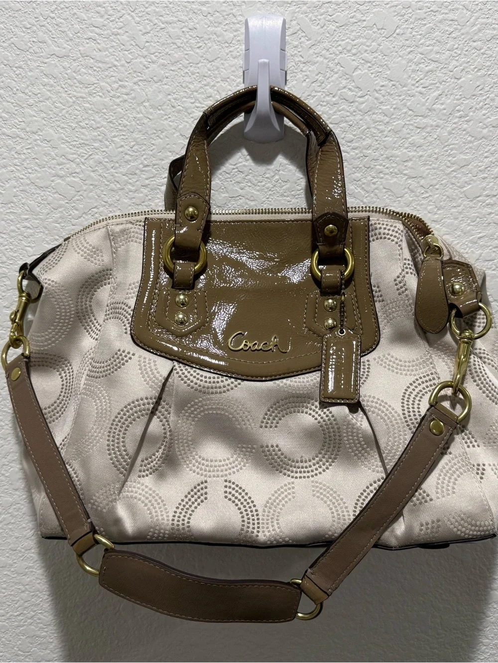 Coach Cream and Brown Signature Patent Trim Satchel